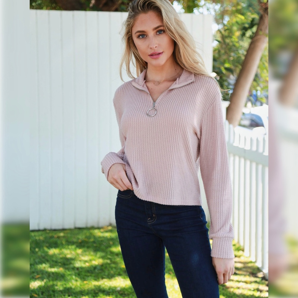 Waffle Knit Zipper Front Long Sleeve Women Top